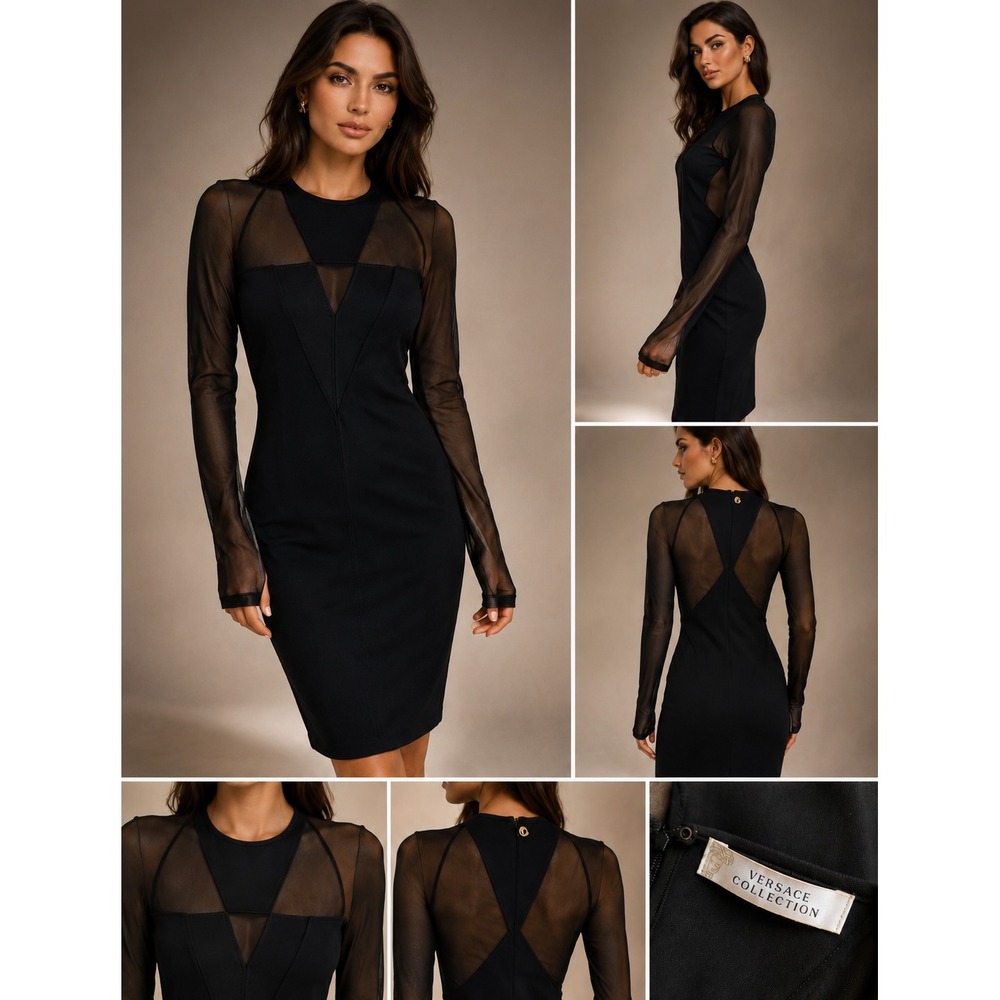 Versace Collection Black Mesh Panel Bodycon Midi Dress Long Sleeve IT 42 US 8‎